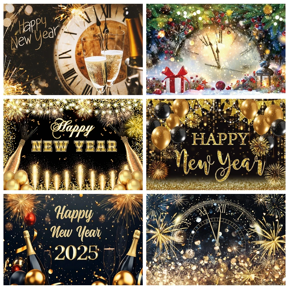 

2025 Happy New Year Backdrop for Photography Firework Light Bokeh Clock Champagne Christmas Background New Years Eve Banner