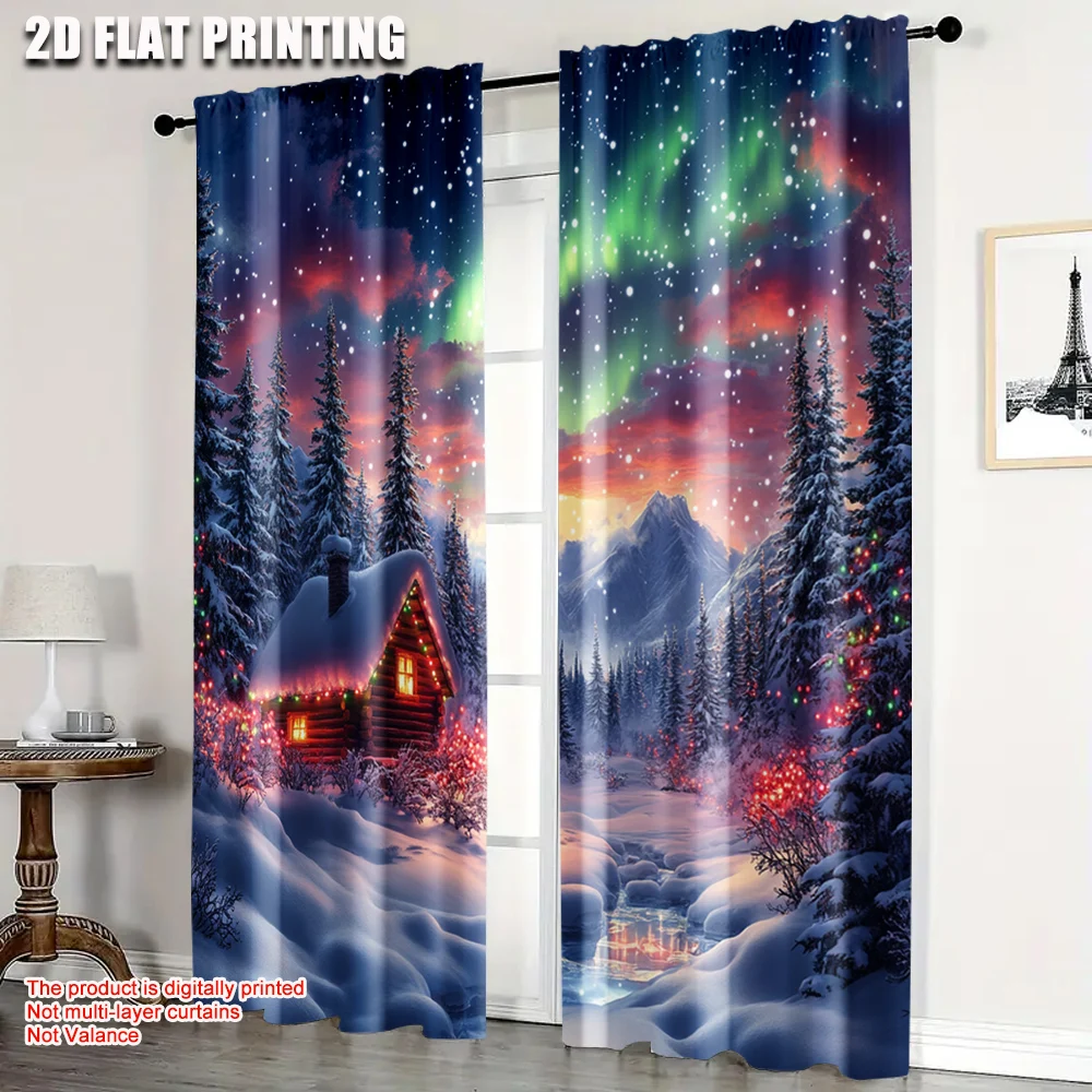 

2pcs, Fashionable Curtains 2D print Snowy Cabin with Red Berries & Northern Lights Versatile Polyester Fabric (without rod)