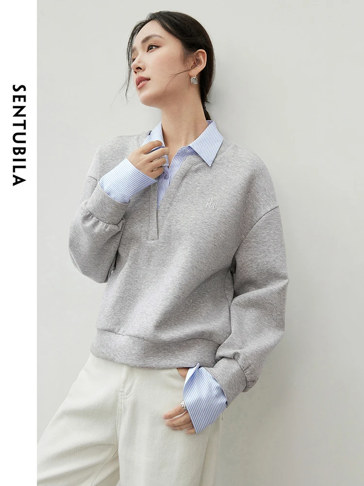 SENTUBILA Women Cotton Embroidery Sweatshirt   2024 Autumn Patchwork 2 in 1 Sweatshirts Polo Neck Knit Pullovers 143A55943