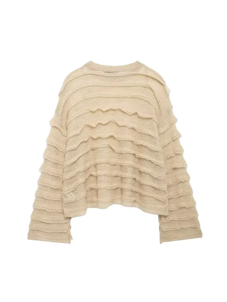 Willshela Women Fashion Khaki Ruffled Pullover Knitted Sweater Vintage O-Neck Long Sleeves Female Chic Lady Tops