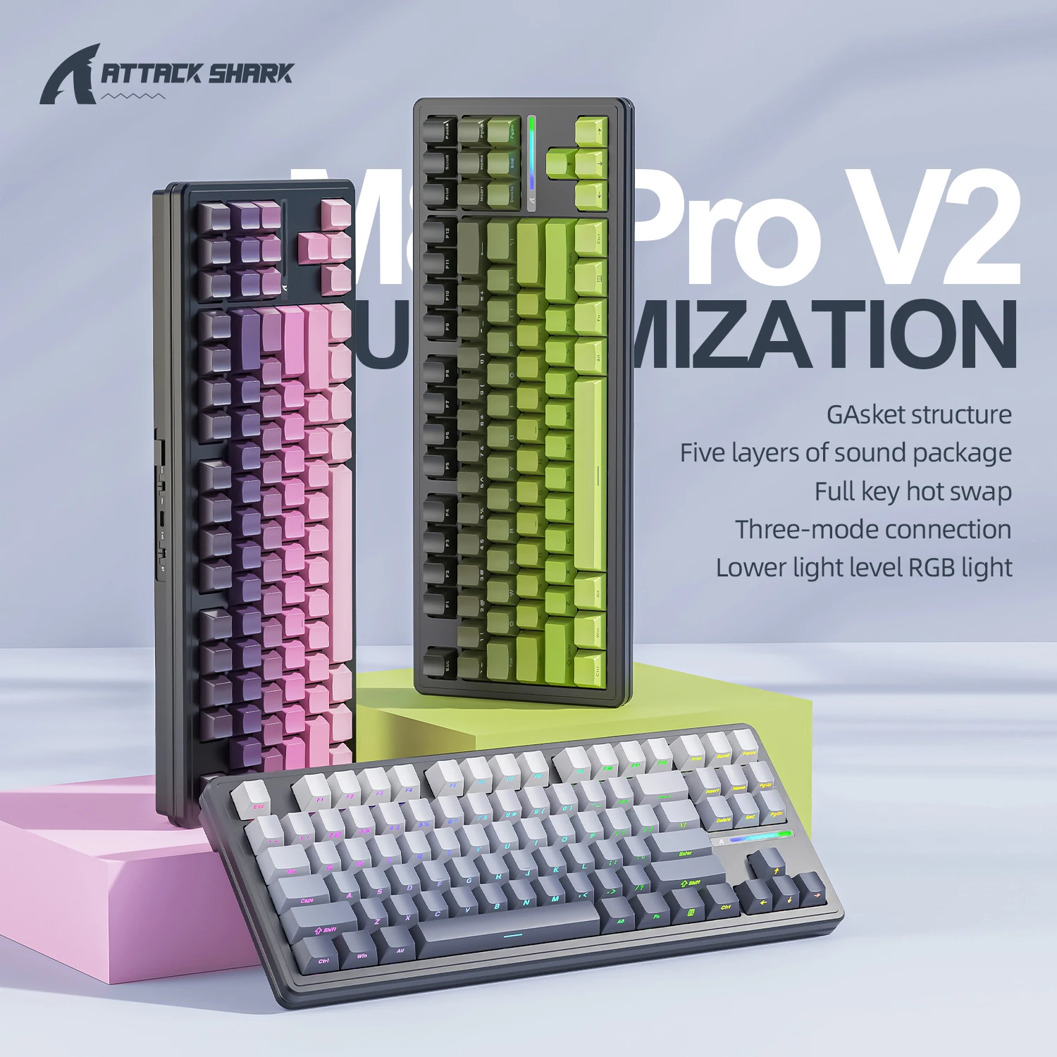 

Механическая клавиатура ATTACK SHARK M87Pro V2 с трехрежимным соединением, 8-клавишная боковая гравировка с градиентной подсветкой RGB