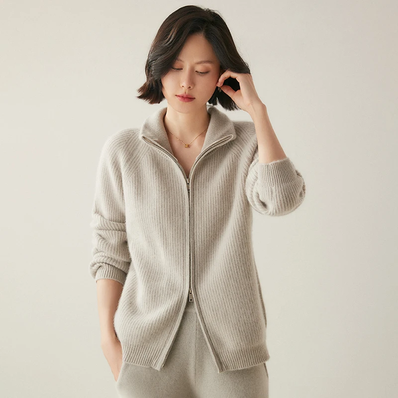 

Women's Sporty Casual Stylish 100% Cashmere Sweater Long Sleeve Turn-Down Collar Zippered Autumn Winter Knitted Jacket Cardigan