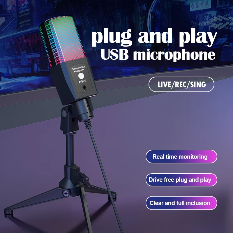 Gaming Microphone with RGB Light USB Computer Condenser Mic with Tripod Stand for PC Streaming Podcast Studio Recording