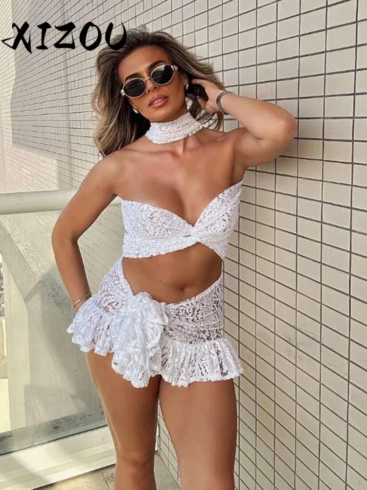 

XIZOU Sexy See Through 2 Piece Set Women Halter Cross Low-Neck Bandages Mini Tops+Ruched Lace-Up Skirts Y2K Style Outfits