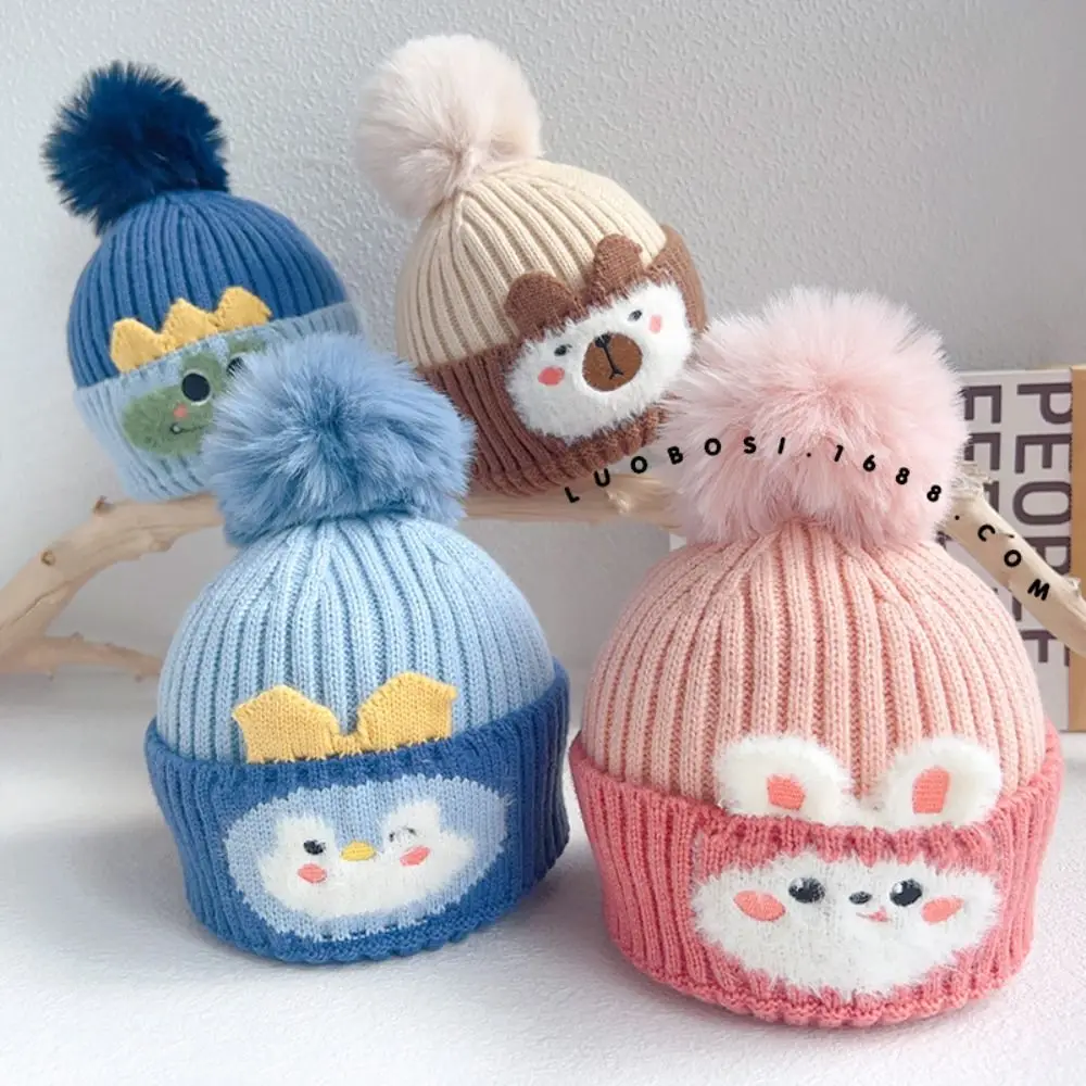 

Cutte Cartoon Knitted Pompon Hat Windproof Thickened Winter Baby Hats Keep Warm Ear Protection Cap for Kids