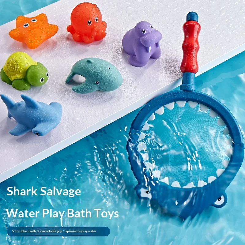 Baby Bath Toy Turtle Water Spray Net Fishing Shark Children's Animal Squeeze Toy Floating Water Play Toy