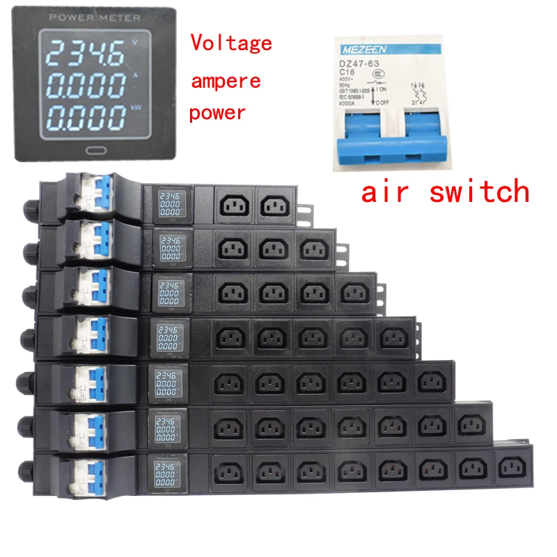 

Network Rack PDU Power Strip 16/32A air switch Power Distribution Unit IEC C13 2-8 Outlet Wiring Board Socket ammeter display