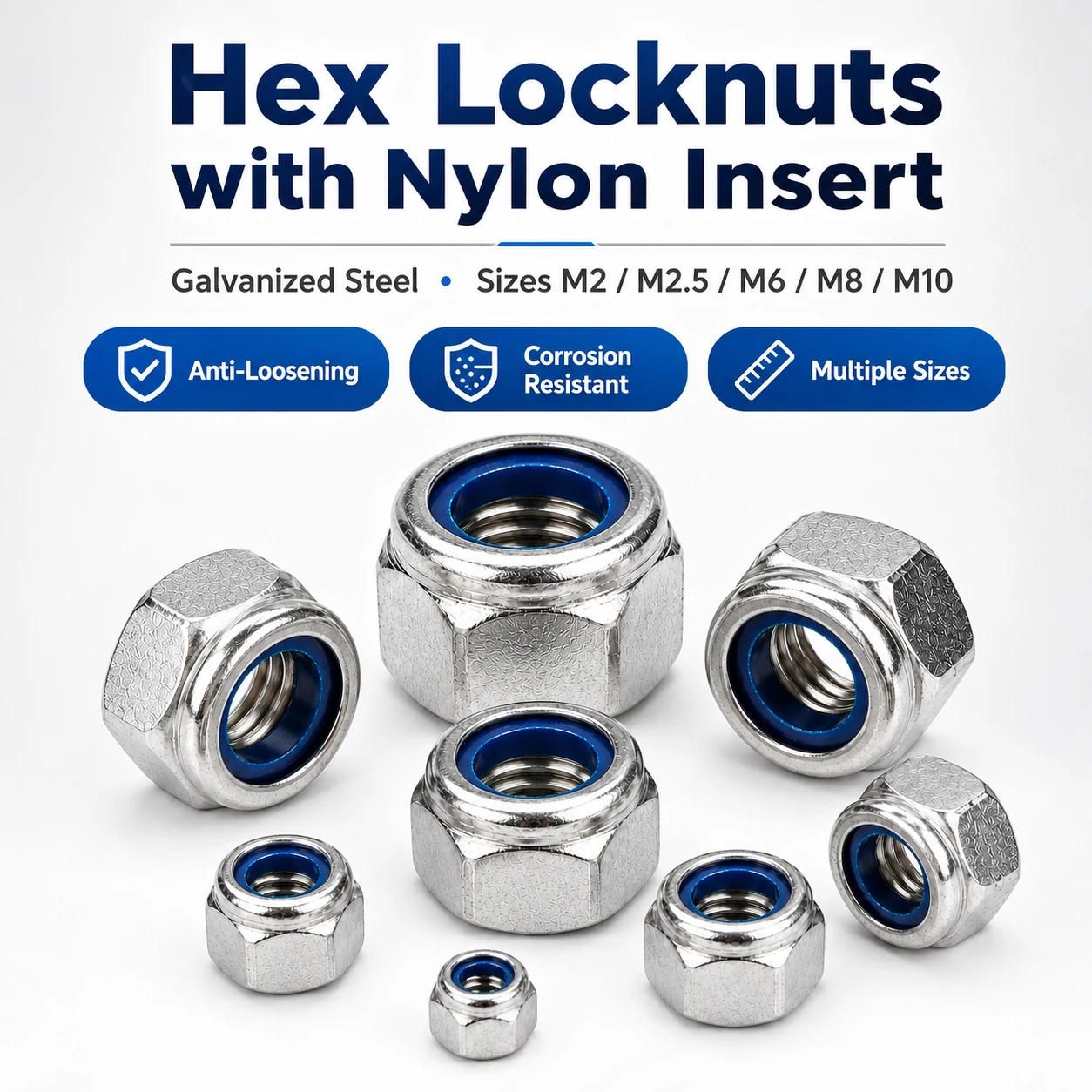 50-200Pcs M2-M10 Galvanized Nyloc Nuts, Hexagon Nylon Insert Self-Locking Locknuts Assortment Kit for Screws Bolts Fasteners