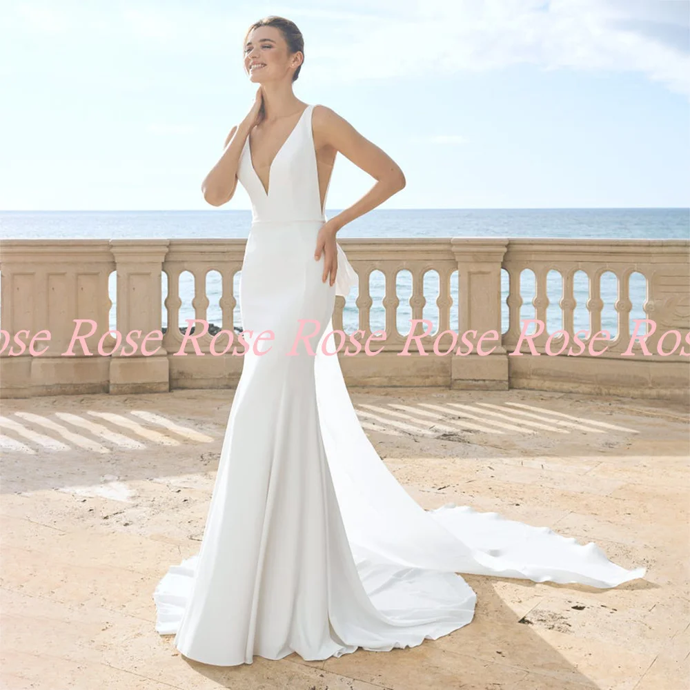 Furtanseo abito da sposa semplice 2023 nuovo stile Sexy scollo a v profondo senza maniche abiti da sposa con fiocco abiti da sposa in Jersey bianco