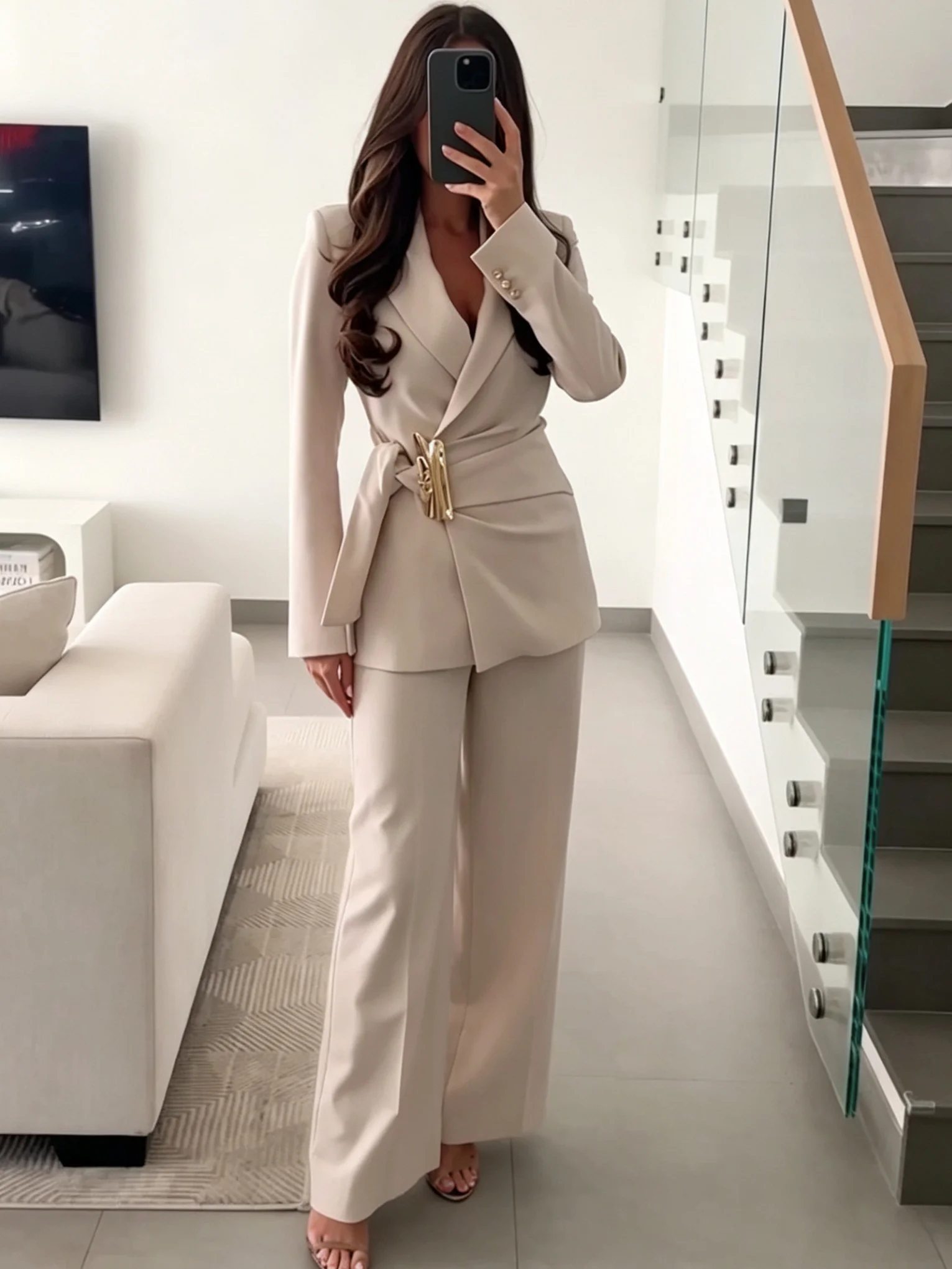 

WMXZ Long Sleeve Notch Lapel Shoulder Pad Suit Jacket High Waist Straight Leg Pants Women's Fashion Summer Collection