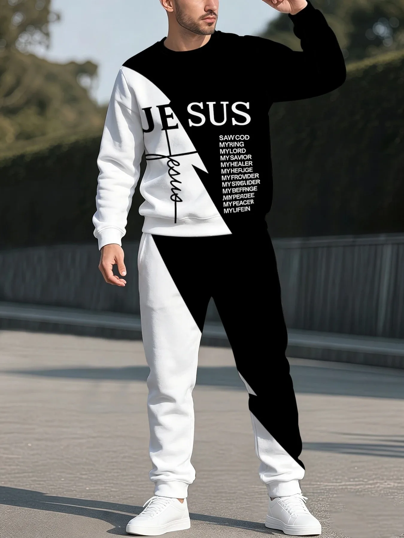 2026 autumn and winter new fashionable casual and comfortable 3D letter pattern printed men's round neck sweater set