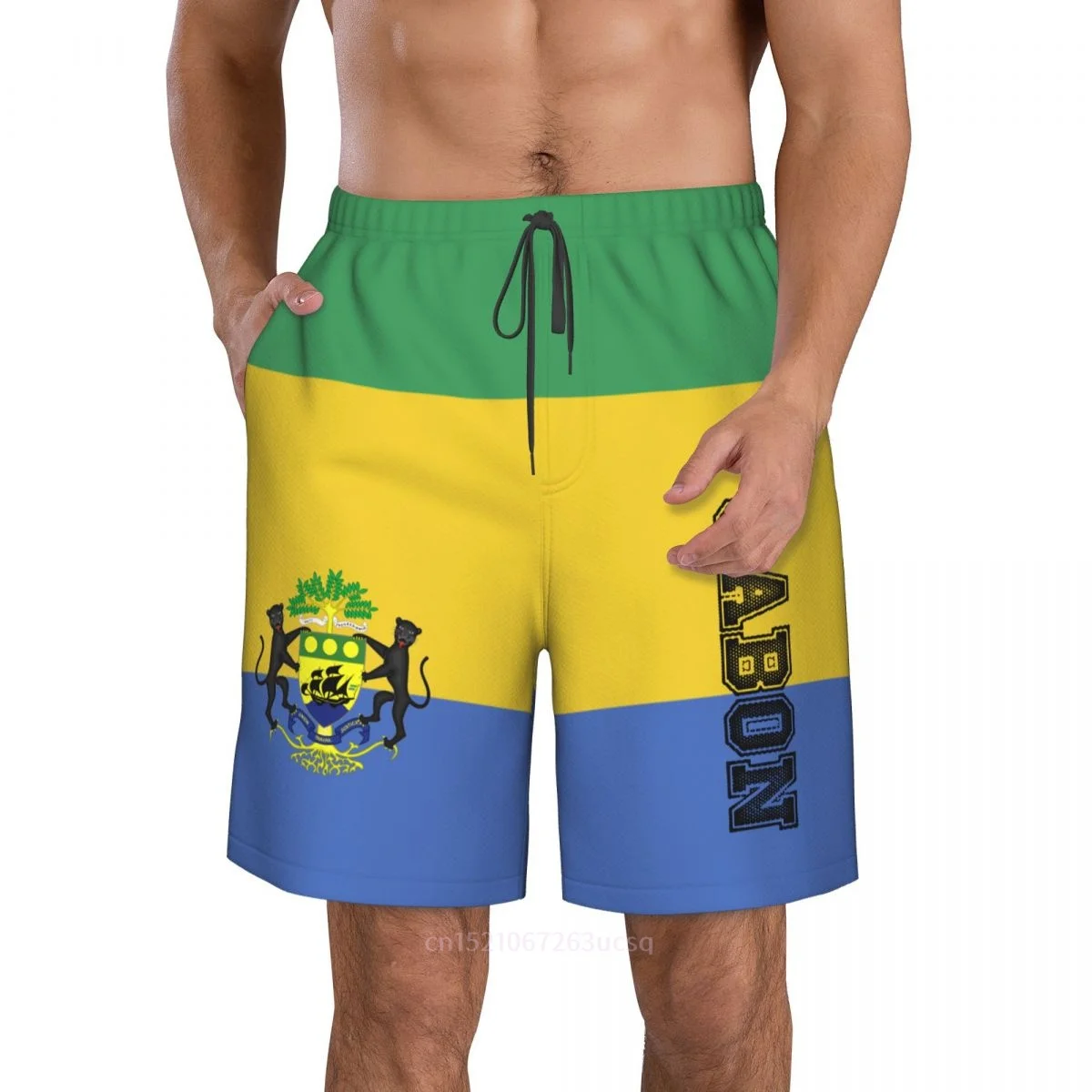 2025 Summer Polyester Gabon Country Flag 3D Printed Men's Board Shorts Beach Pocket Running Summer Pants