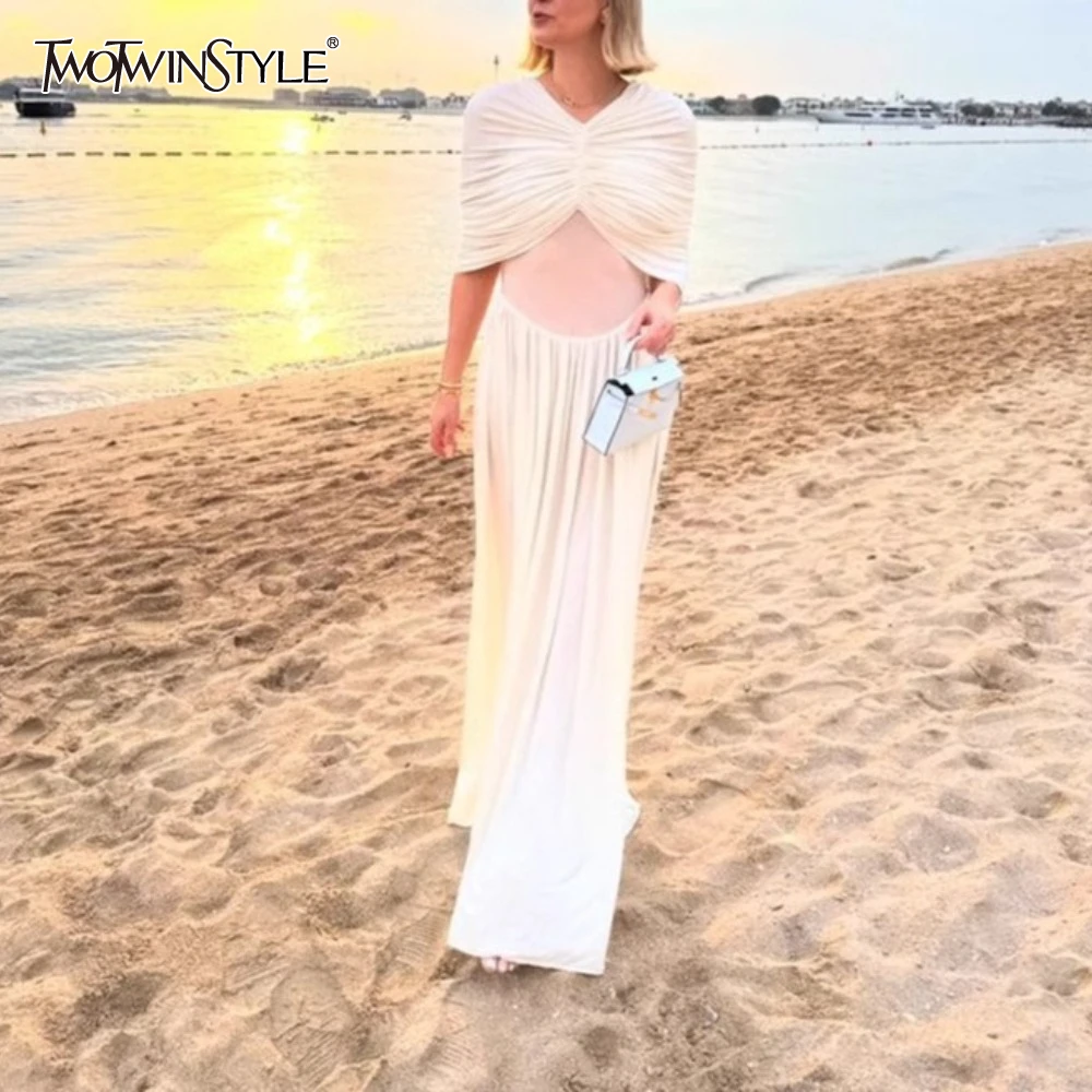 

TWOTWINSTYLE Solid Spliced Folds Hollow Out Dresses for Women V Neck Shoulder Sleeves High Waist Dress Female New