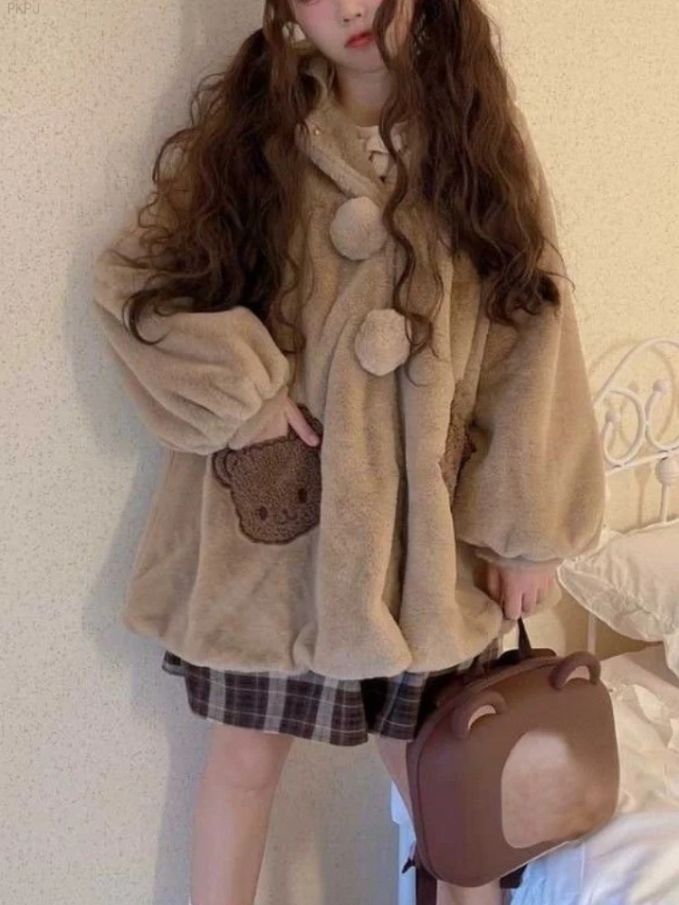 Brown Korea Kawaii Hooded Jackets Women Pocket Loose Sweet Lolita Wool Coat Female Long Sleeve Japanese Y2k Overcoat Warm Winter