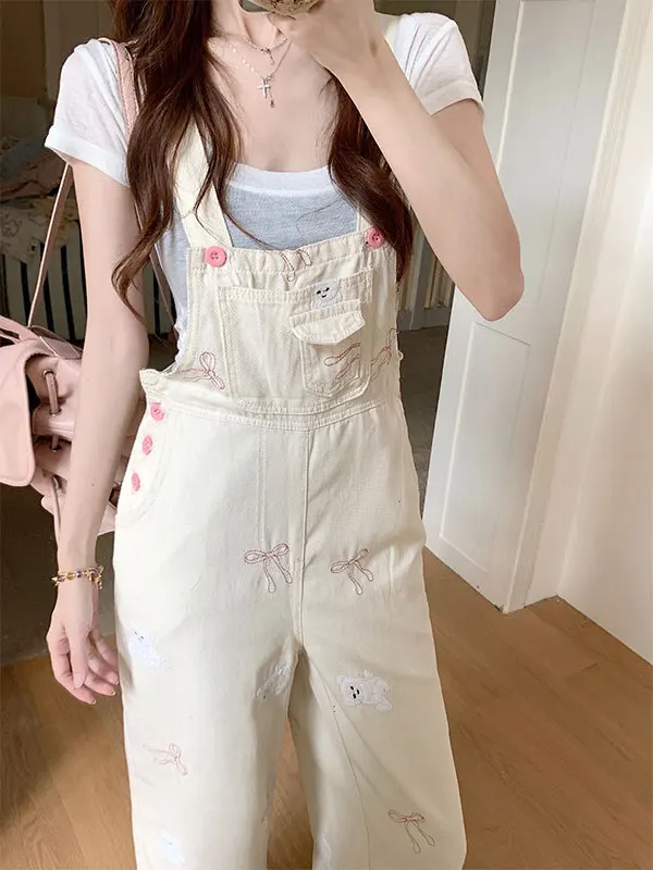 

Design Sensation Bear Bowknot Embroidered Denim Overalls Women's Spicy Tight Slim Straight Wide Leg Long Pants Autumn Wear