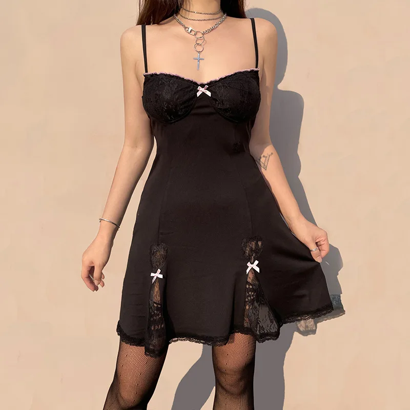 

Women Lace Trim Lolita Dress Contrast Color V-neck Sleeveless Bow Goth Dark Aesthetic A-line Dress Y2k Fairy Grunge Streetwear