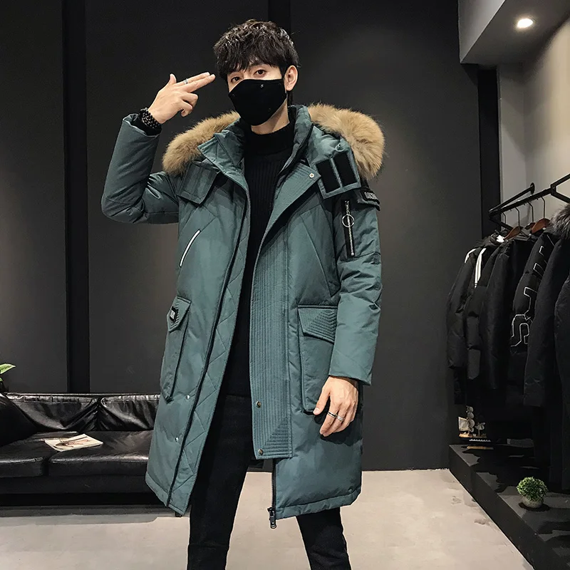 Men\'s Coat Medium Length Over Knee Thickened Warm Large Fur Collar Cold Proof Trend Hooded Big Pockets Zippers Wholesale on Hot.