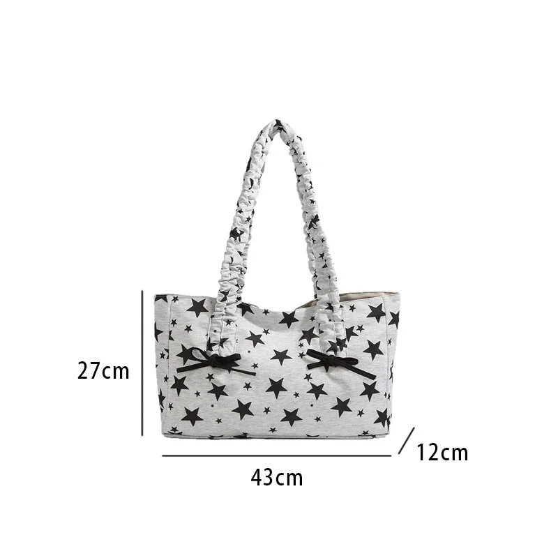 Schultertasche mit Polka-Dot-Schleife und Sternstreifen-Dekor, minimalistische, frische, lässige Nischen-Tragetasche, große Pendler-Handtasche für Damen – Detail 1