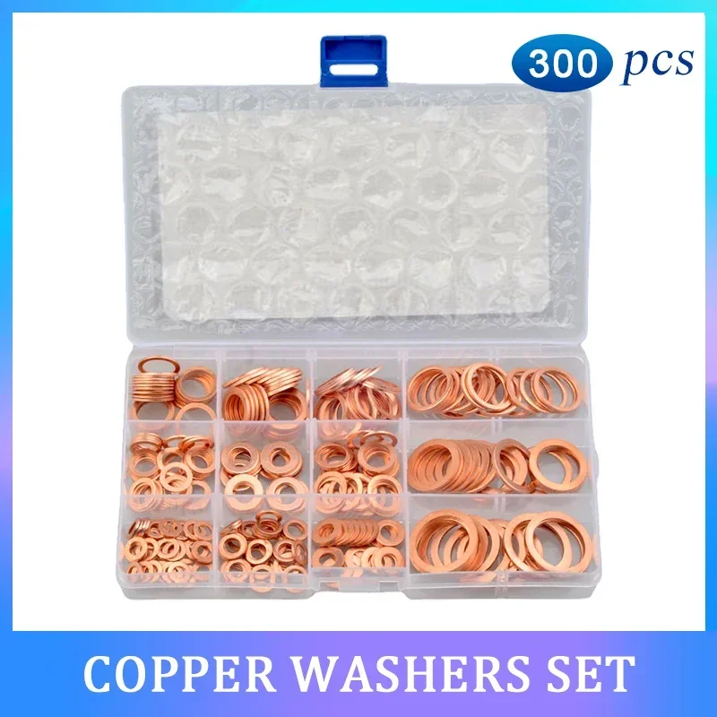300PCS Copper washers Gasket Set M5 M6 M8 M10 M12 M14 M16 M20 Copper Washers for Oil Sump Plug Flat Ring Oil Seal Assortment Kit