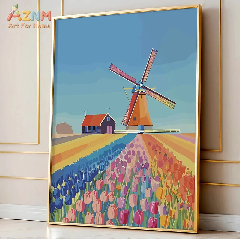 AZNM Colorful European City Canvas Wall Art Florence Amsterdam Windmill Tulip Field Street Floral Travel Scenery Unframed Canvas