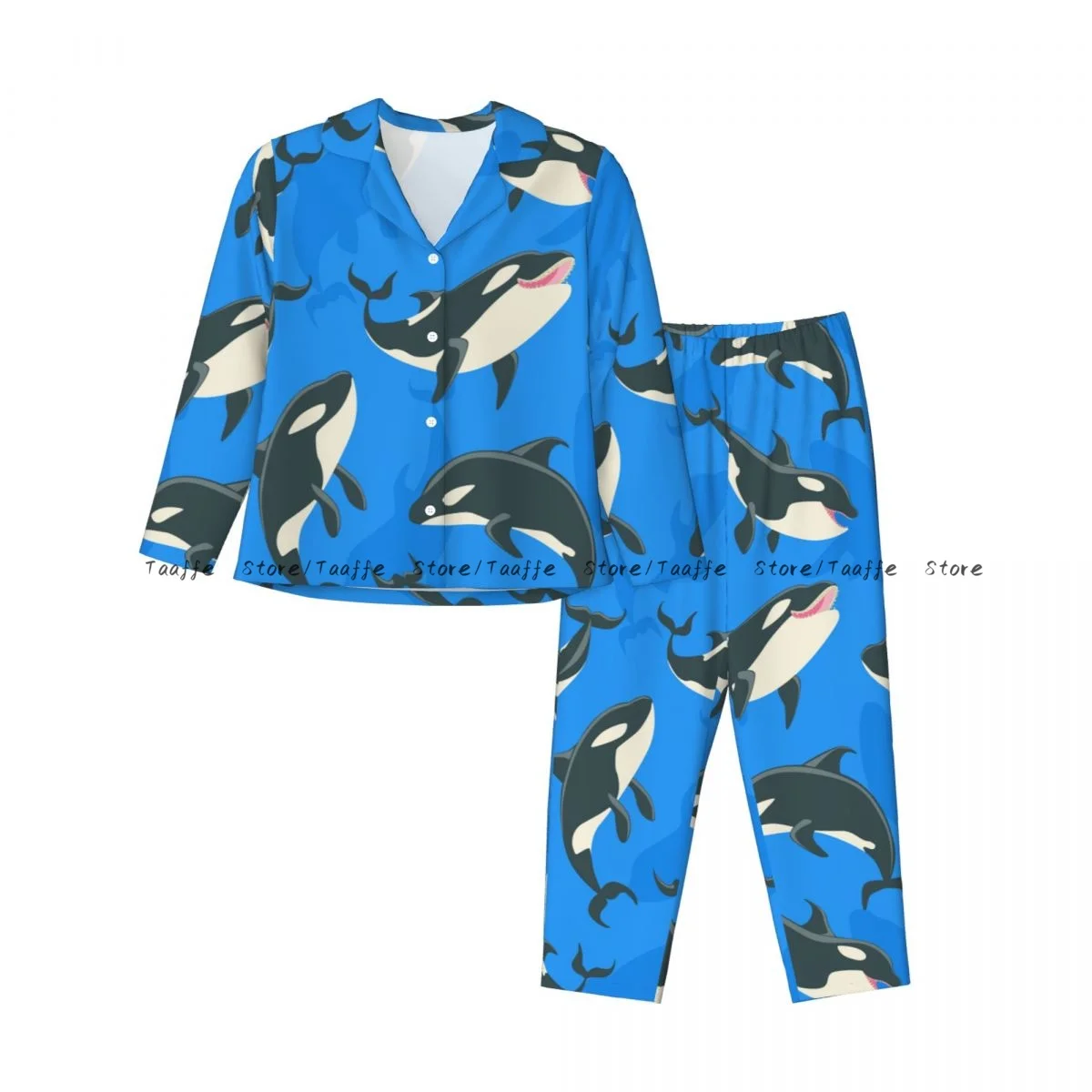 Spring and Autumn Pajama Set Women's Long Sleeve Pants Two Piece Orca Whale Sea Predatory Fish Home Furnishing Set