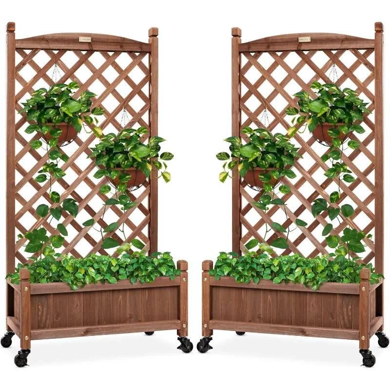 Set of 2 48in Wood  Mobile Outdoor Raised Garden Bed for Climbing Plants w/Drainage Holes, Optional Wheels - Walnut