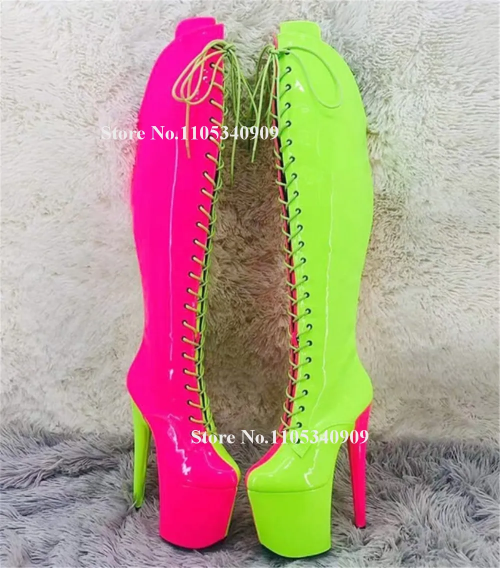 

Bondarenko Charming Pink-green Stiletto Heel Over Knee Boots Round Toe Black-white Patchwork Thin Heel Long Dance Shoes