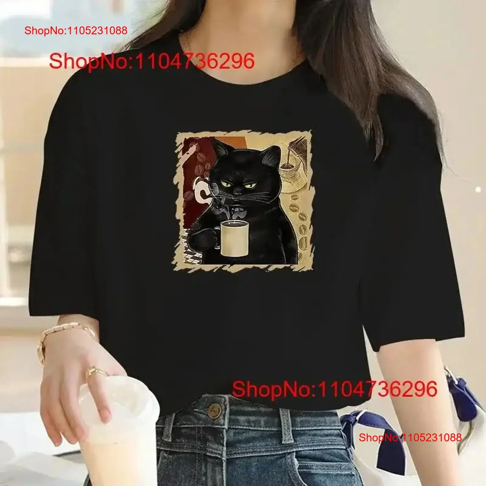 

Women T shirt Cartoon coffee Cat Print Cotton round neck short sleeve vintage Washed homme Versatile Breathable Slightly