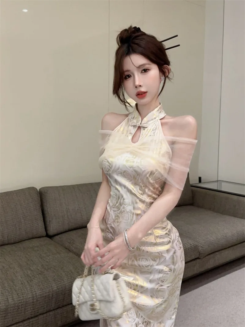 

Hmsevenjz Chinese Style Slim Fit Cheongsam Dress Women's Summer Mesh Splicing Off Shoulder Mid-length Hip Wrap Dress