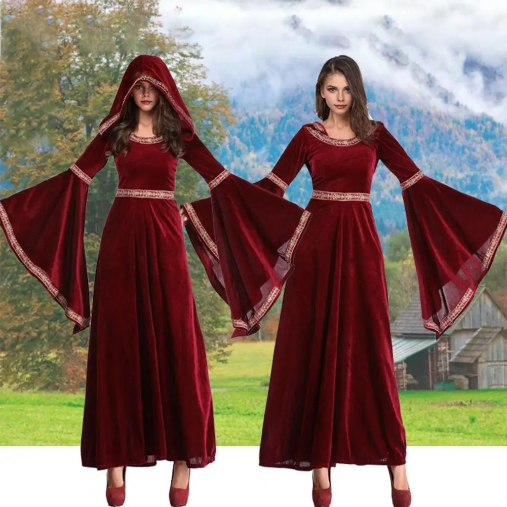 Women Renaissance Dress Vinatge Bell Sleeve A-line Big Hem Women Dress Victoria Hooded Medieval Halloween Dress For Party