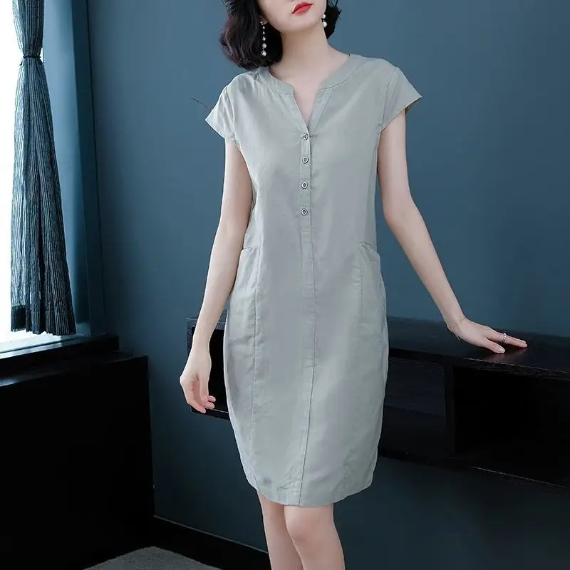 

Women's V-neck Dress, Elegant A-line Skirt, Monochromatic, Casual, Simplicity, Office Lady, Elegant Clothes, Fashion, Summer