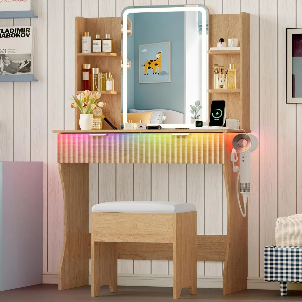 Small Oak Vanity Desk with LED Mirror & Outlet, Makeup Table Set with Drawers & Chair, 3 Light Modes