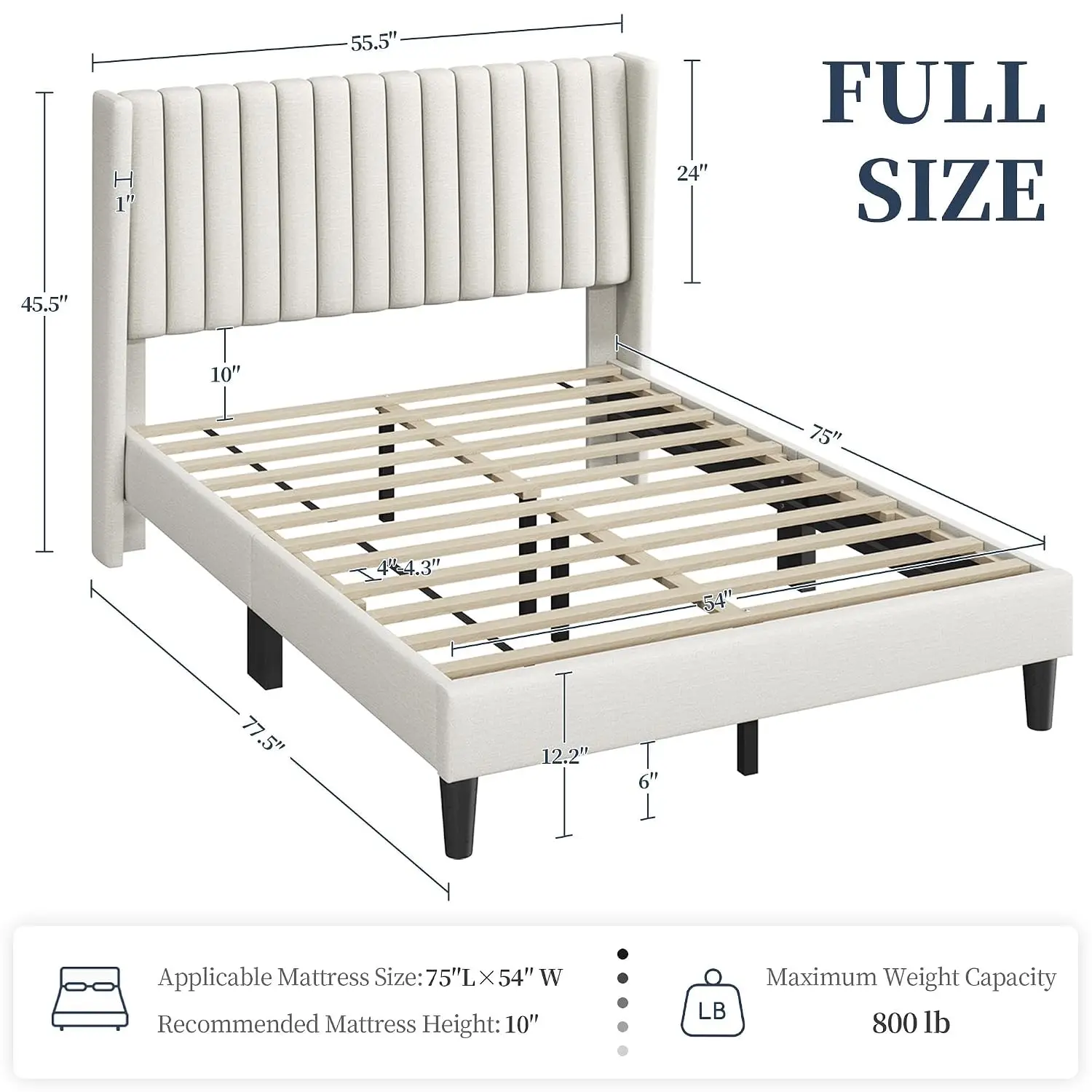 Full Bed Frame with Headboard,Ivory Channel-Tufted Platform | Sturdy wood frame with upholstered linen, Customized