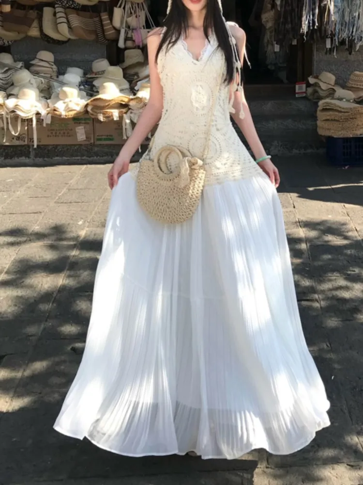 

Women Vintage Bohemain Two Pieces Sets Elegant Hollow Knitted Sleeveless+High Waist Skirt Vacation Holiday New Chic Suit Summer