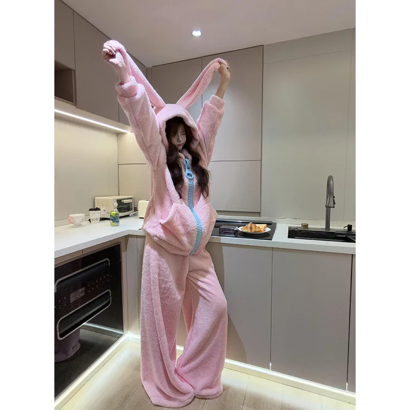 Women Cute Bunny Ear Hooded Coral Fleece Pajamas, Big Zipper, Thick Warm Winter Loungewear, Wear Outside