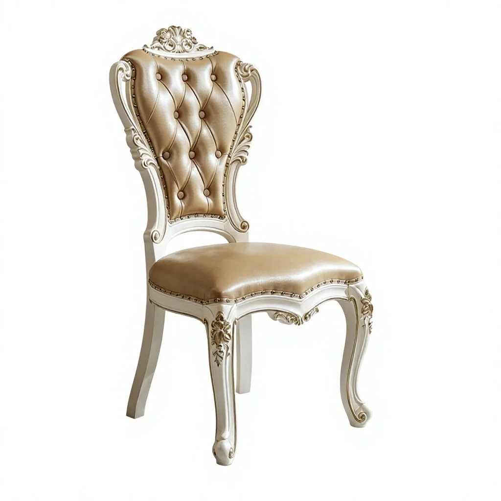 ^European-style Genuine Leather Dining Chair Armrests Soft Padding French-American Neoclassical Design Ivory White Top-grain