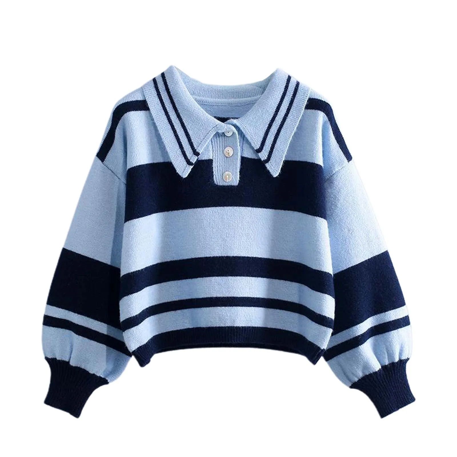 

2023 Half-open Lapel Short Sweater For Women Preppy Style Blue Black Stripe Knitwear Jumper Korean Chic Croped Knitted Pullovers