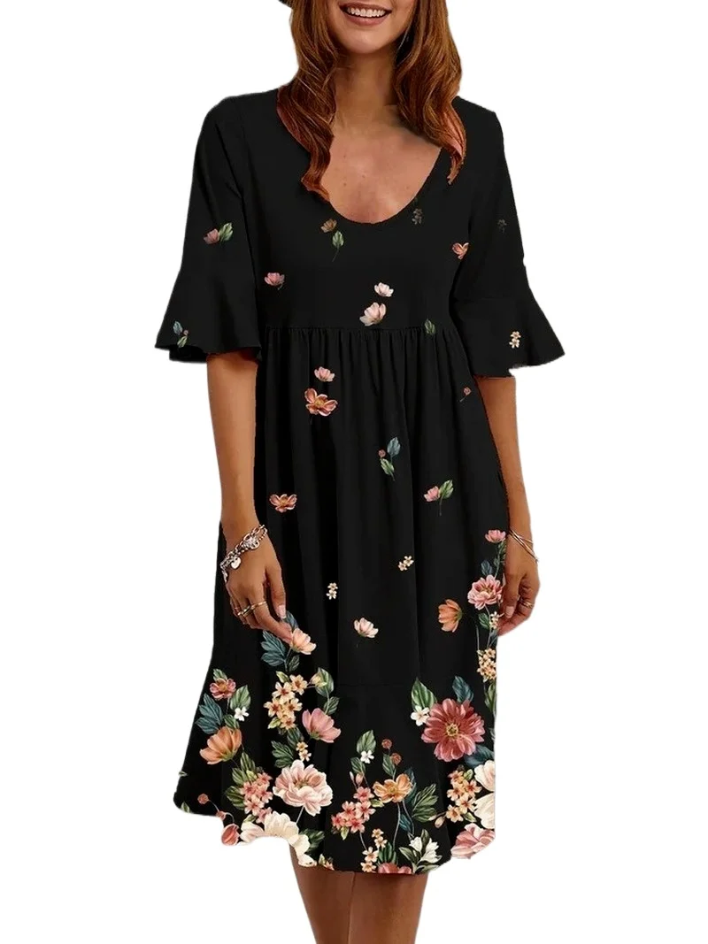 

Summer Boho Dresses Women Casual Loose Vacation Beach Floral Print Dress Ladies Ruffles Short Sleeve Mini Party Dress Vestido