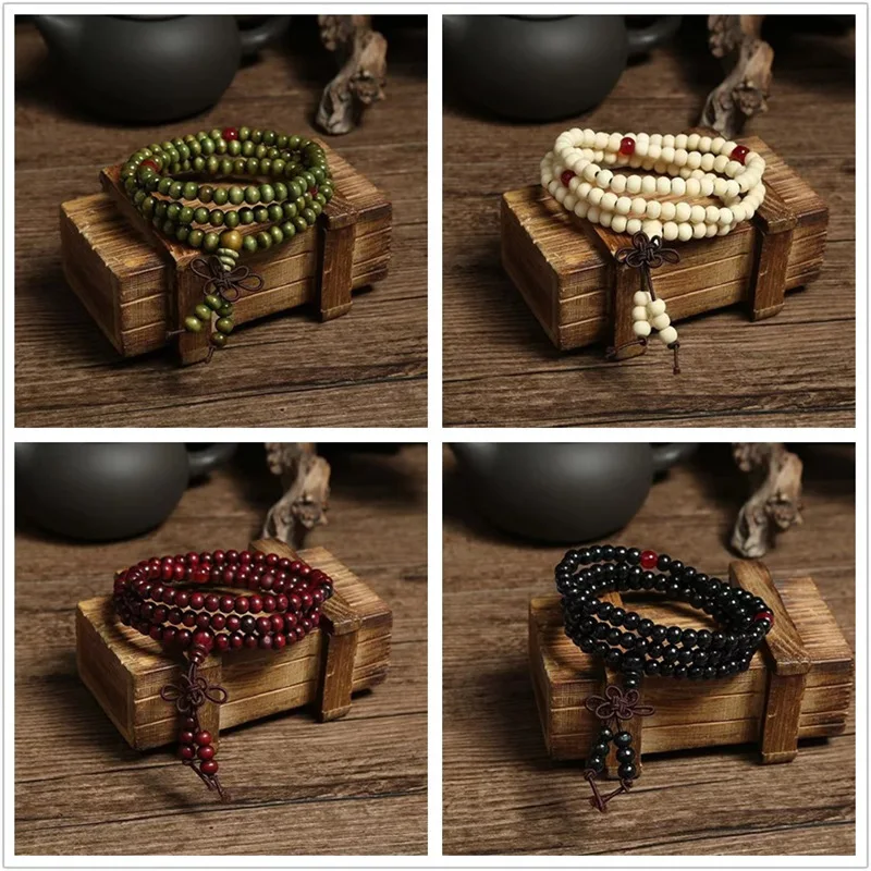 6mm 108 Beads Natural Sandalwood Bracelet for Women Buddha Meditation Prayer Bead Mala Buddhist Long Tassel Bangle Men Jewelry