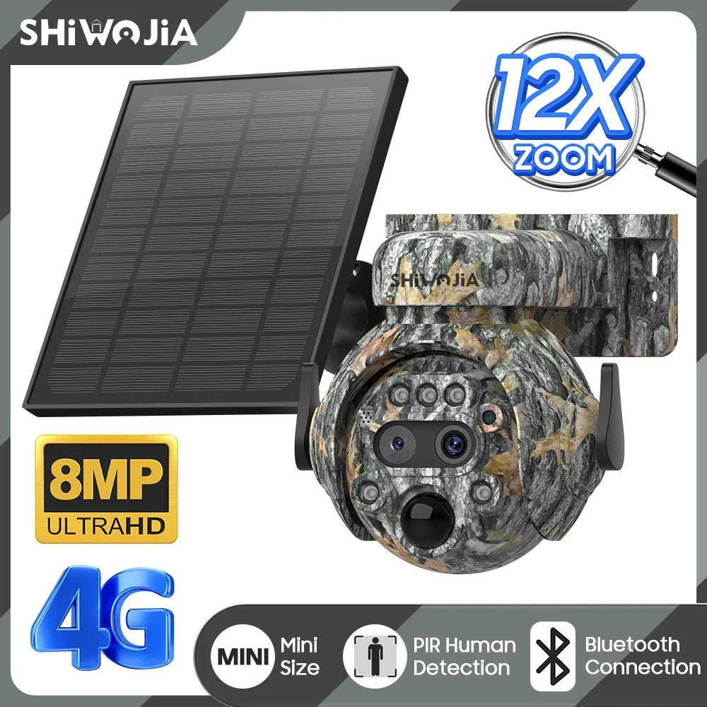 

SHIWOJIA 4K 8MP Solar Camera Dual lens 12X Zoom WIFI/4G Built-in 360° View Camouflage Color PTZ Video Camera 7800mAh Battery