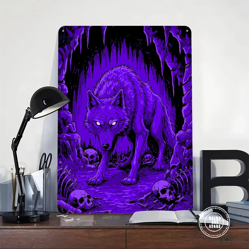 Fierce Wolf in a Sober Cave Ilustration Poster Customized Vintage Metal Signs Wall Art Retro Tin Plaque for Home Decor Items