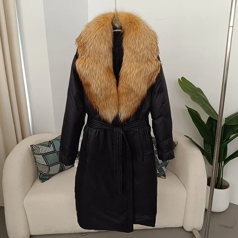 

MENINA BONITA 2023 Real Gold Fox Fur Collar Winter Women 90% White Duck Down Long Jacket Belt Female Warm Coat Luxury Outerwear