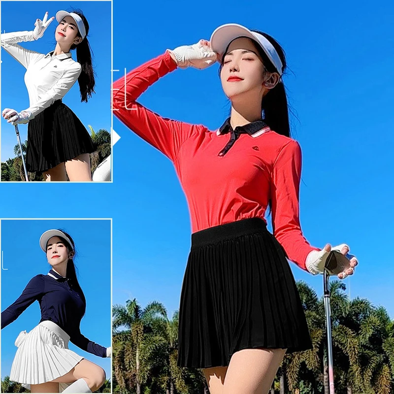 Pgm Spring Fall Golf Apparel Women Long Sleeve Polo T-shirt Solid Sports Slim Tops Lady Pleated Golf Tennis Skirt Leisure Skorts