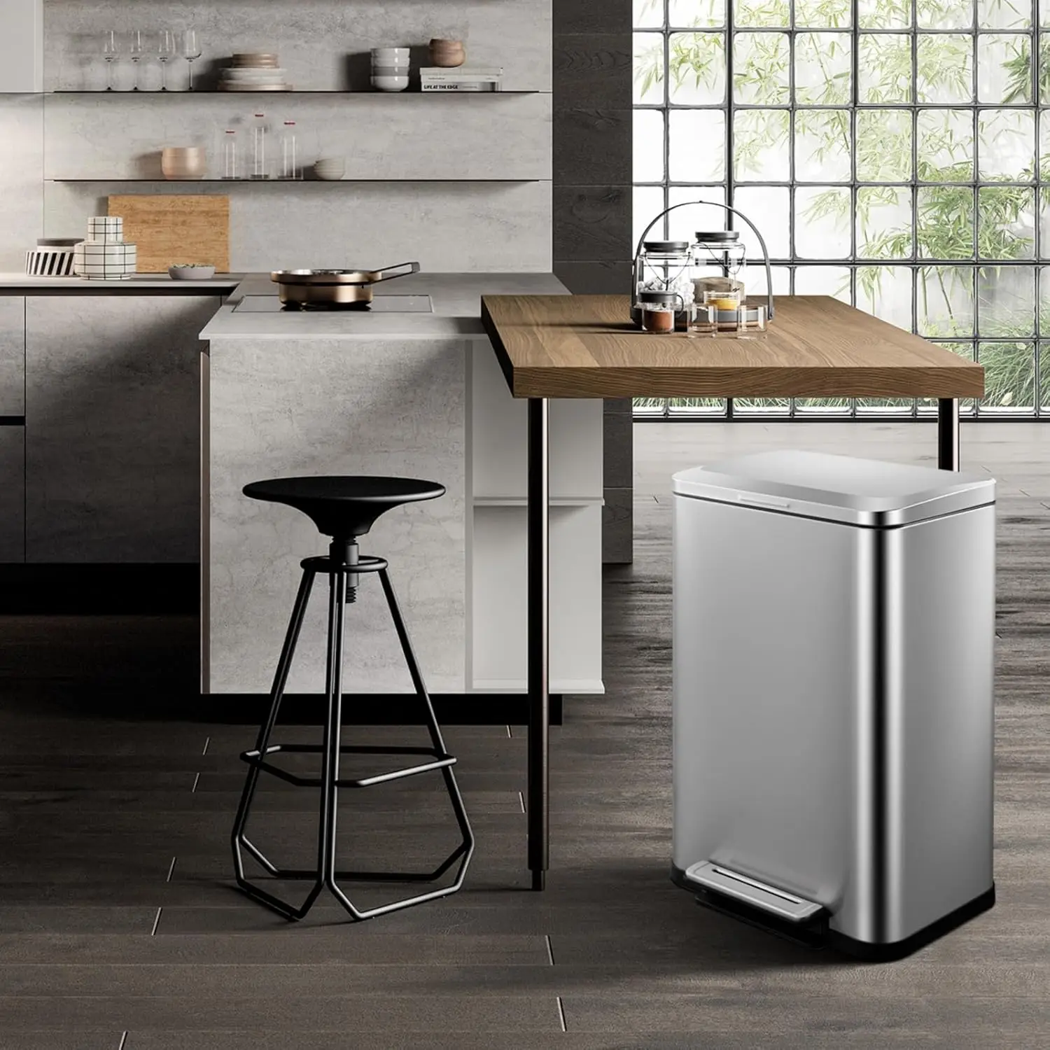 

Kitchen Trash Can, Stainless Steel 50 Liter / 13 Gallon Garbage Can, Rectangular Steel Pedal Recycle Bin Hands-Free Trash Can