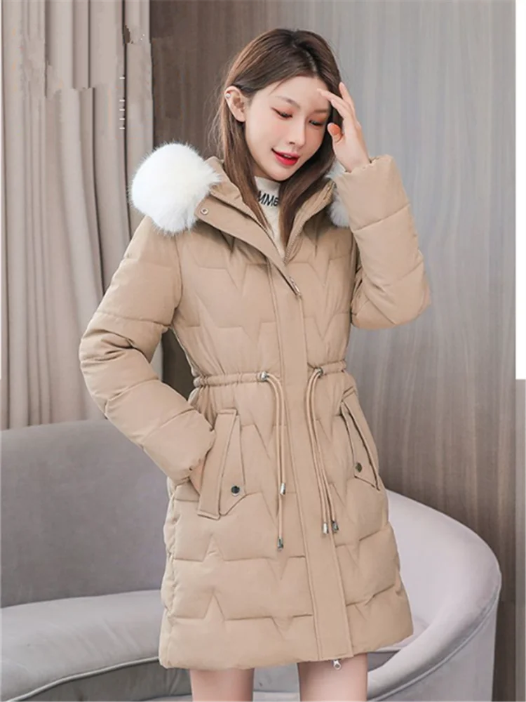 2025 New Winter Coat Women's Jacket Fur Neckline Long Basic Coats Thick Jackets Cotton Padded Outerwear Parkas Female Clothes
