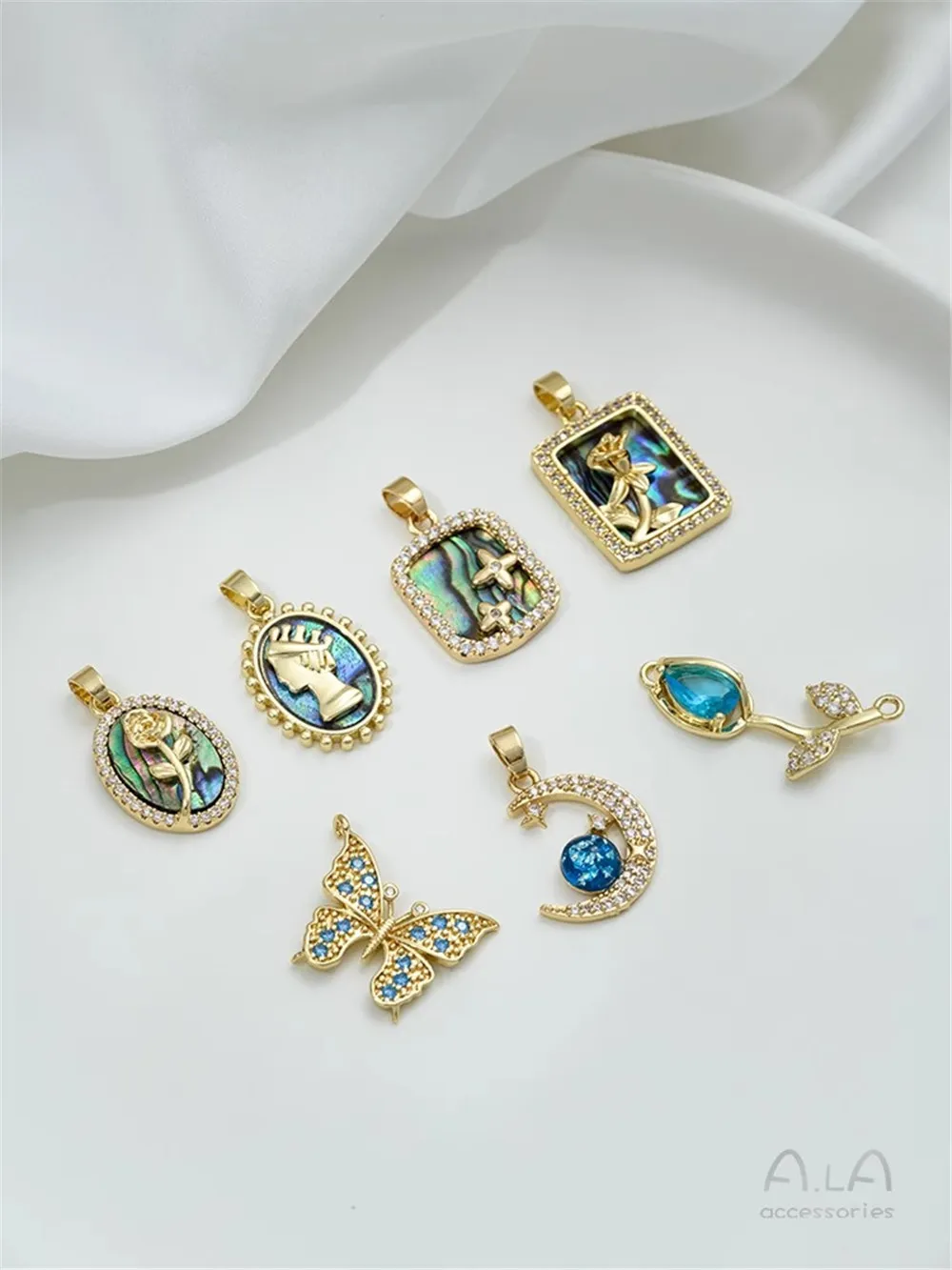 

14K Light Gold Color Retention Blue Zirconium Butterfly Tulip Abalone Shell Rose Queen Pendant DIY Jewelry Necklace Pendant