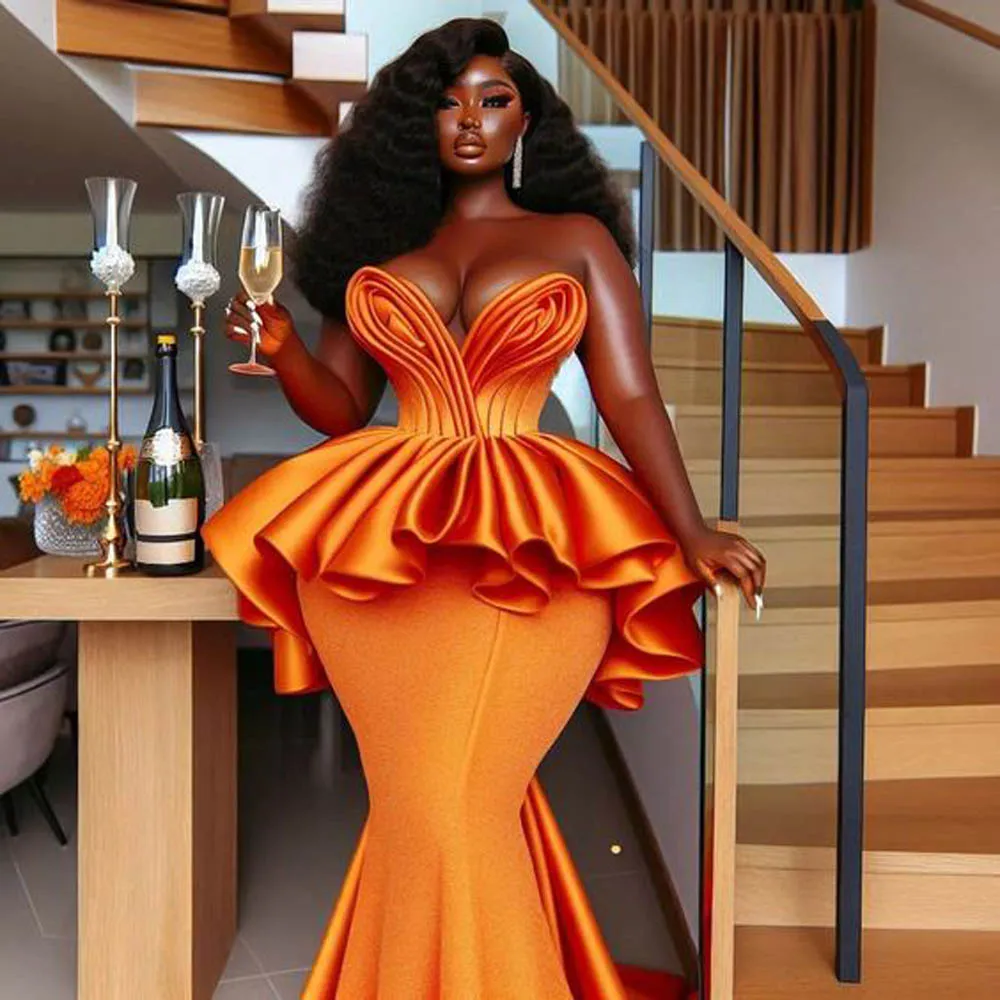 Orange Plus Size Mermaid Prom Dress Sweetheawrt Black Girls Aso Ebi Formal Evening Dress Corset Back  African Wedding Party Gown