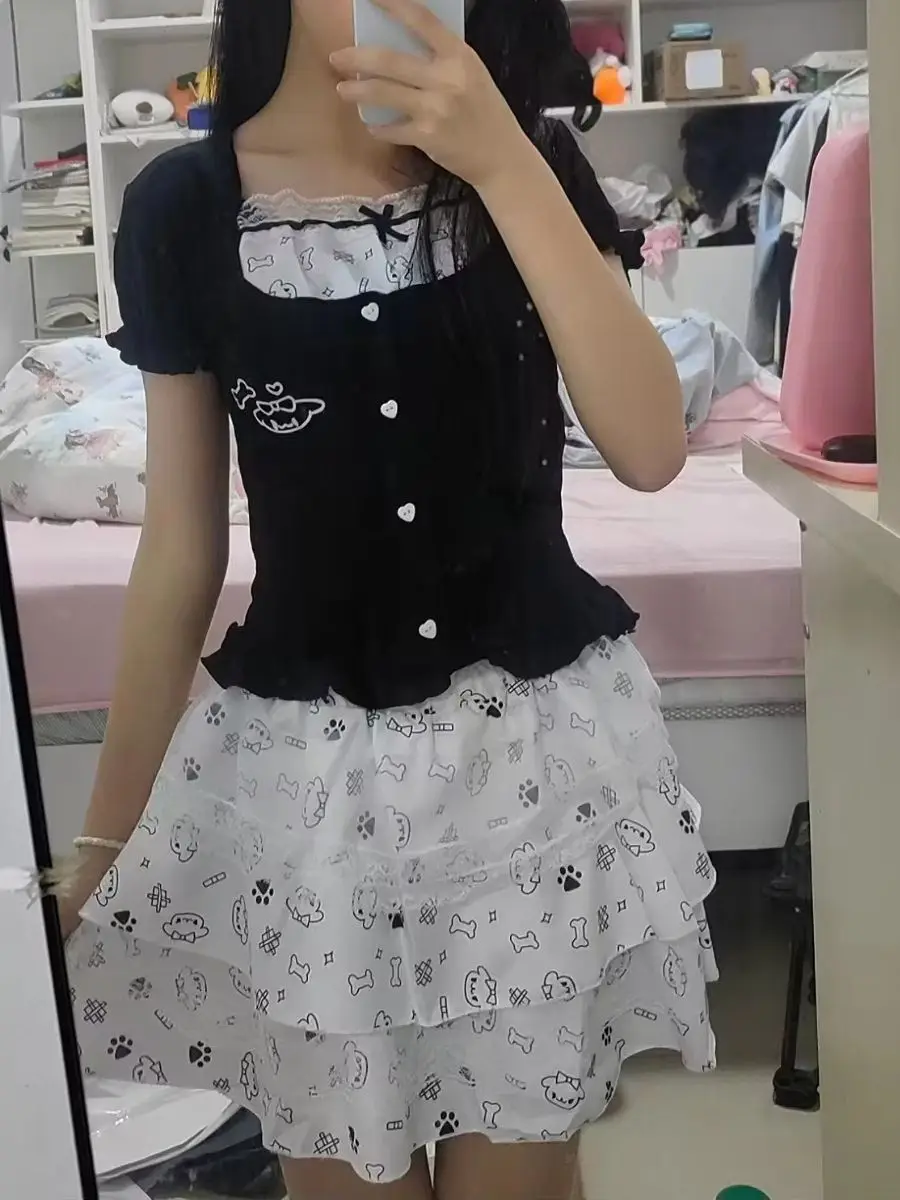 

Harajuku Kawaii Sexy Black White Lace Bow Tie 2 Piece Set Short Sleeve Top Tiered Ruffle Mini Skirt Women Daily Clubwear Outfit