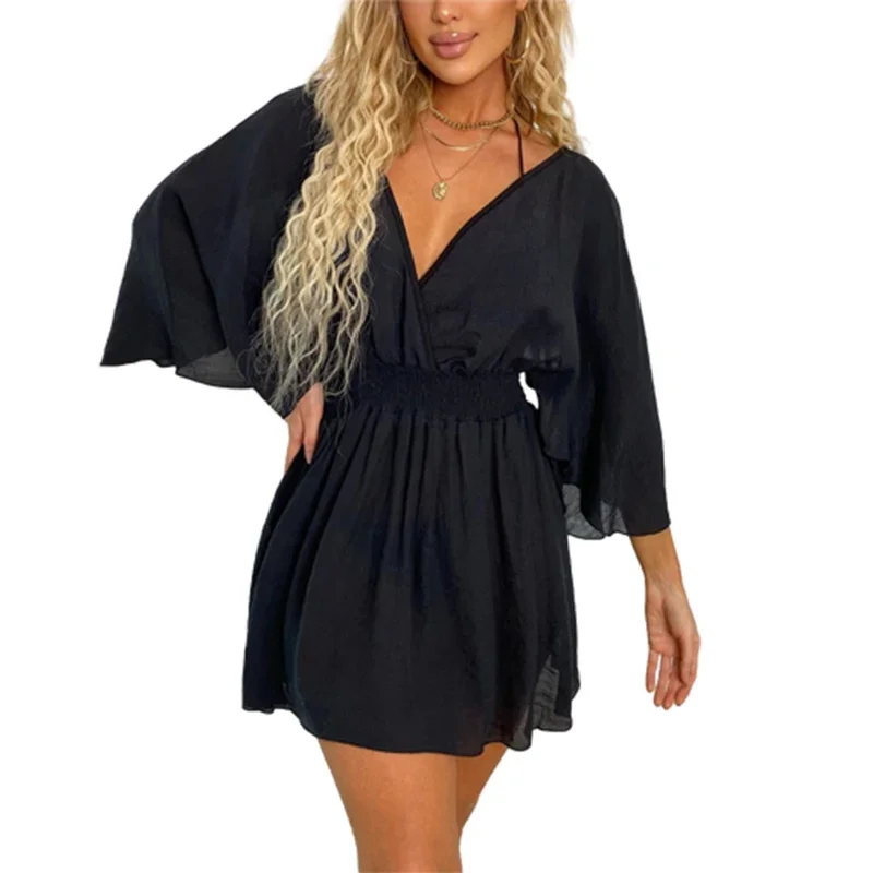 

Sexy Backless High Waist Slim Bikini Cover-ups Women Deep V Neck Smock Female Casual Vacation Beachwear Sun Protective Coverall