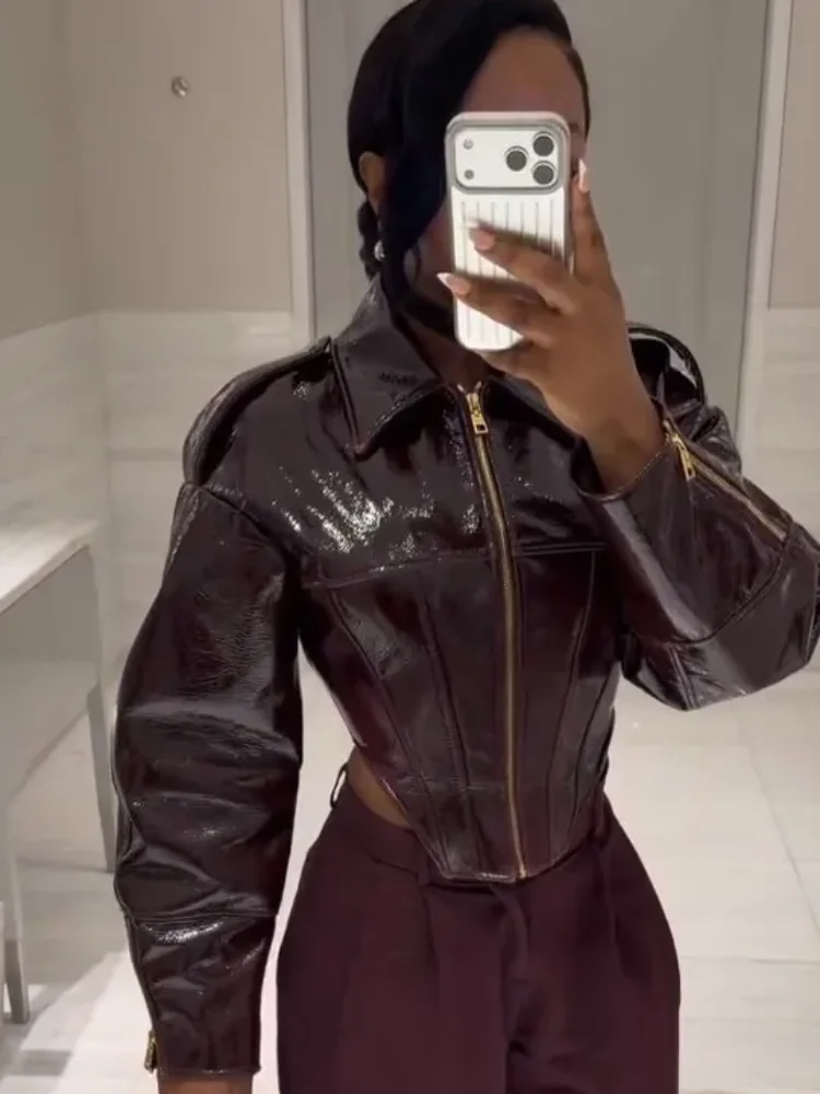 Women Retro Coated Cinched-waist Leather Jacket Lady Casual Lapel Full Sleeve Zipper Fishbone Coats Daily High Street Coat New